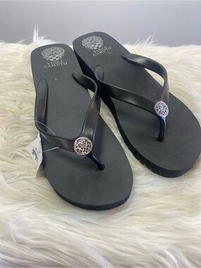 Vince Camuto Black Flip Flop Sandals with Silver Medallion